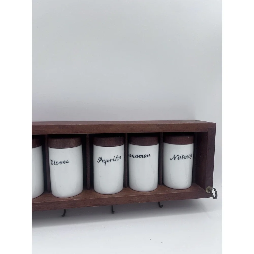 Vintage MCM Danish Modern‎ Wood and Porcelain Spice Rack